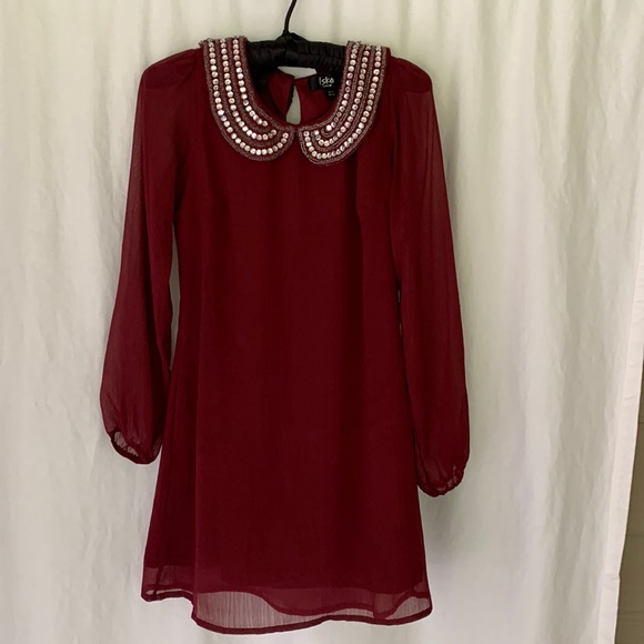 Iska London Dress Maroon Rhinestone Collar Long Sleeve US Sz 4 Small UK Small - Picture 1 of 16